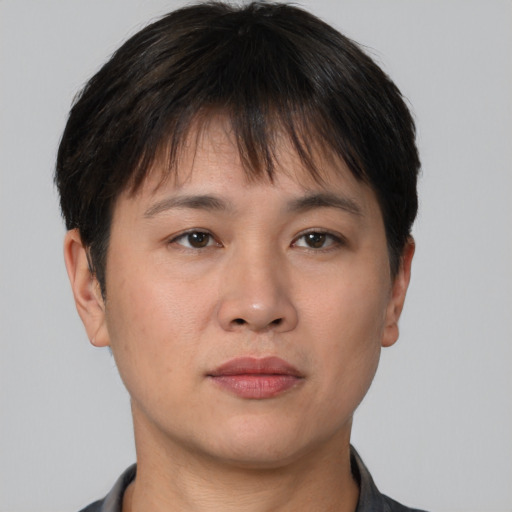 Neutral asian young-adult female with short  brown hair and brown eyes