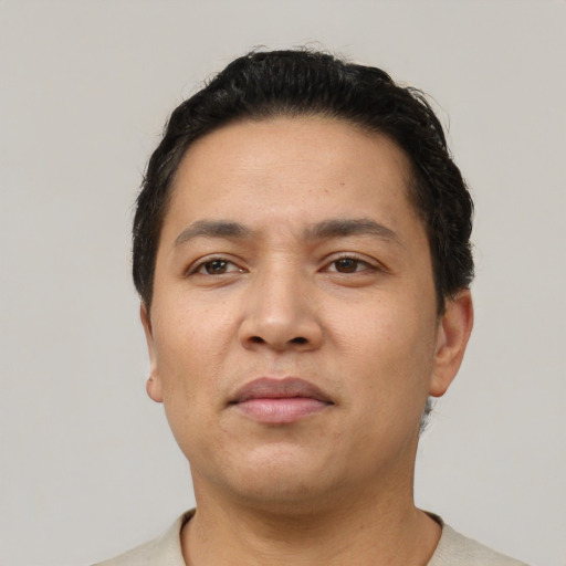 Neutral asian young-adult male with short  black hair and brown eyes