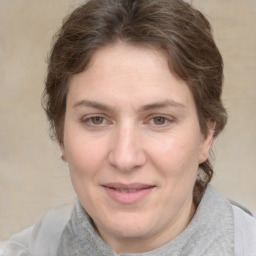 Joyful white adult female with medium  brown hair and grey eyes