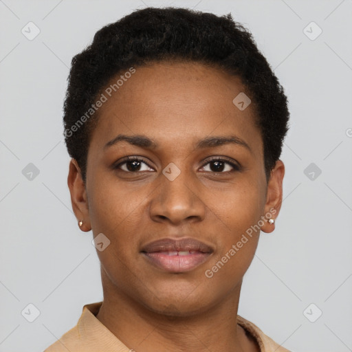 Joyful black young-adult female with short  brown hair and brown eyes