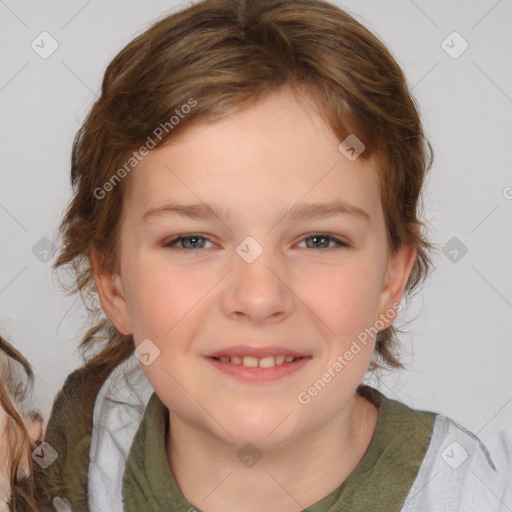 Joyful white child female with medium  brown hair and brown eyes