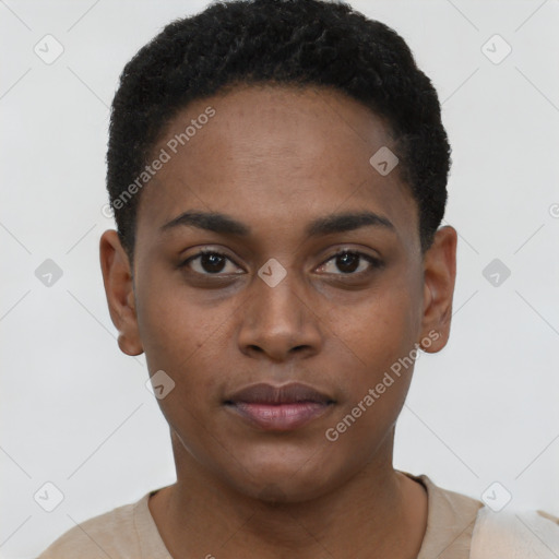 Neutral black young-adult female with short  brown hair and brown eyes