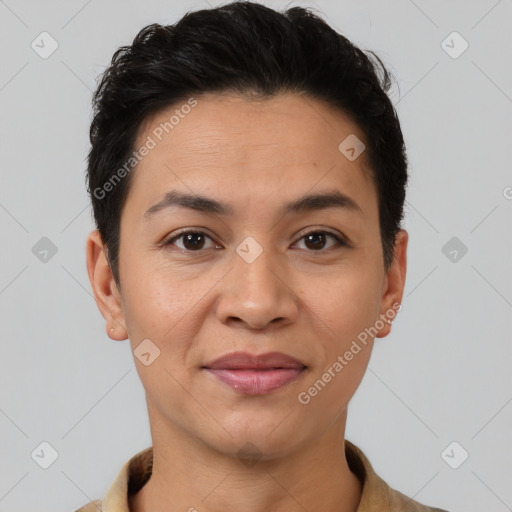 Joyful latino young-adult female with short  brown hair and brown eyes