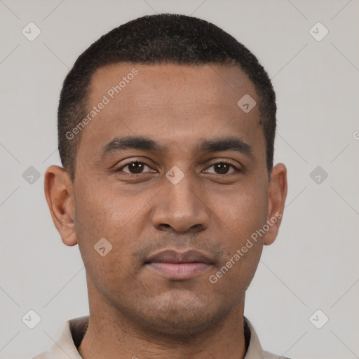 Neutral latino young-adult male with short  black hair and brown eyes