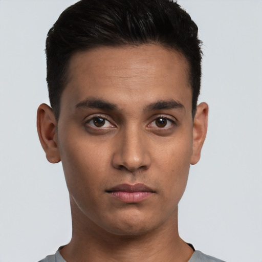 Neutral white young-adult male with short  black hair and brown eyes
