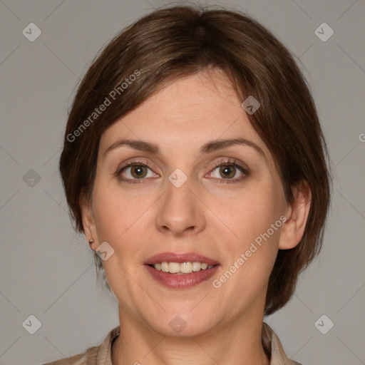 Joyful white adult female with medium  brown hair and grey eyes