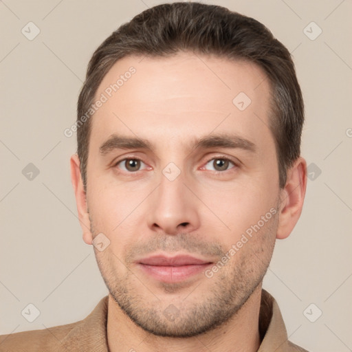 Joyful white young-adult male with short  brown hair and brown eyes