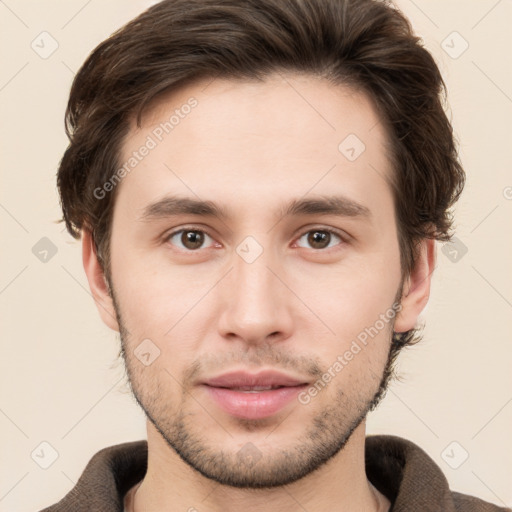 Neutral white young-adult male with short  brown hair and brown eyes