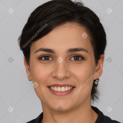 Joyful white young-adult female with short  brown hair and brown eyes