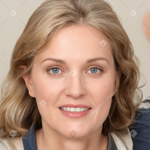 Joyful white young-adult female with medium  brown hair and blue eyes