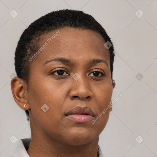 Neutral black young-adult female with short  brown hair and brown eyes