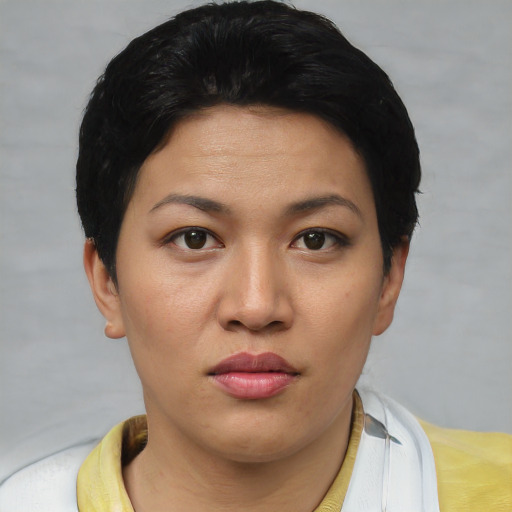 Joyful asian young-adult female with short  black hair and brown eyes