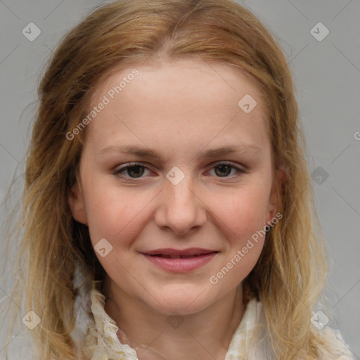 Joyful white young-adult female with medium  brown hair and blue eyes