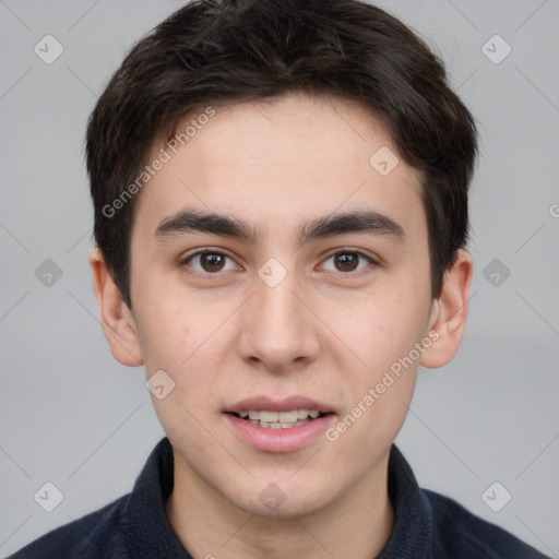 Joyful white young-adult male with short  brown hair and brown eyes