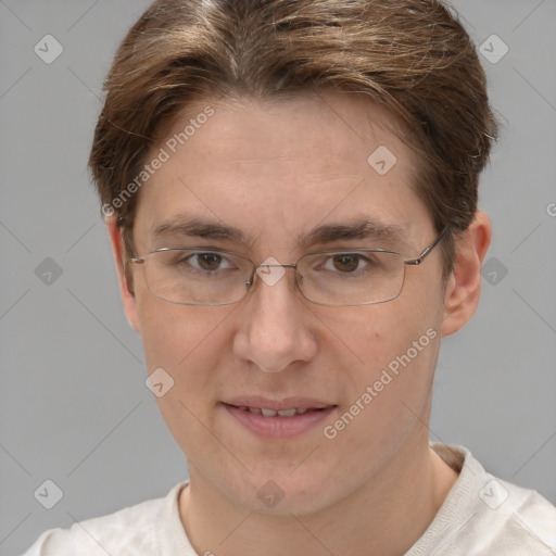 Joyful white adult female with short  brown hair and brown eyes