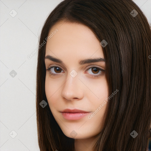 Neutral white young-adult female with long  brown hair and brown eyes