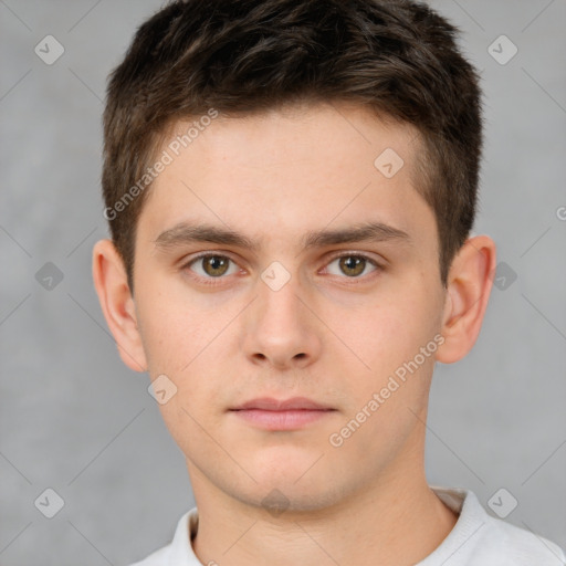 Neutral white young-adult male with short  brown hair and brown eyes