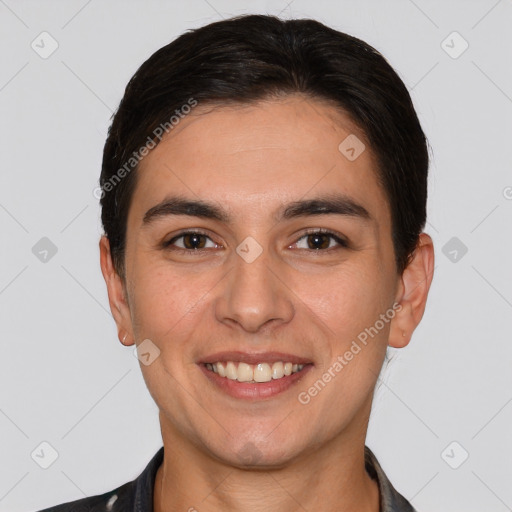 Joyful white young-adult male with short  brown hair and brown eyes