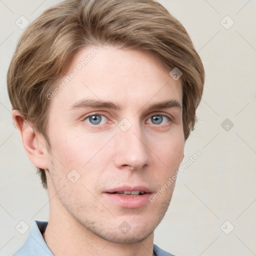 Neutral white young-adult male with short  brown hair and grey eyes