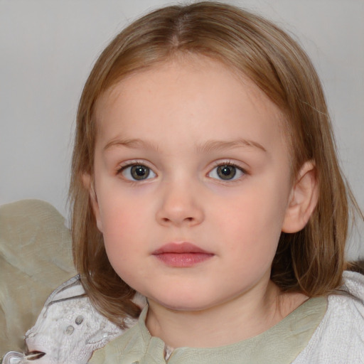 Neutral white child female with medium  brown hair and blue eyes