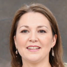 Joyful white adult female with medium  brown hair and grey eyes