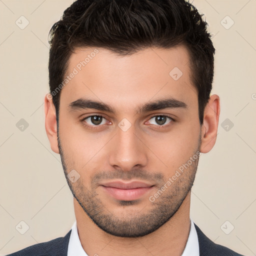 Neutral white young-adult male with short  brown hair and brown eyes