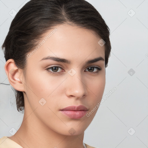 Neutral white young-adult female with medium  brown hair and brown eyes