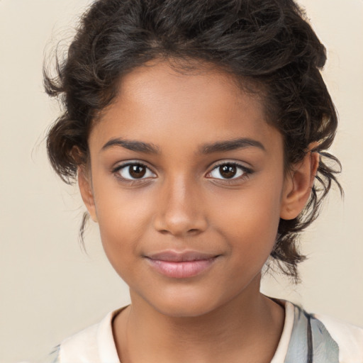 Joyful white child female with medium  brown hair and brown eyes