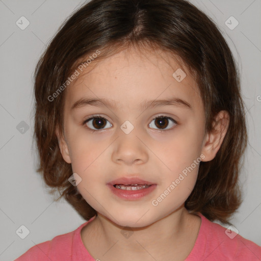 Joyful white child female with medium  brown hair and brown eyes