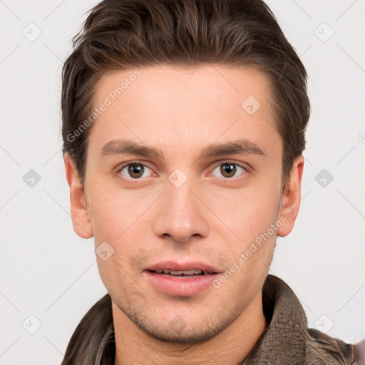 Neutral white young-adult male with short  brown hair and brown eyes