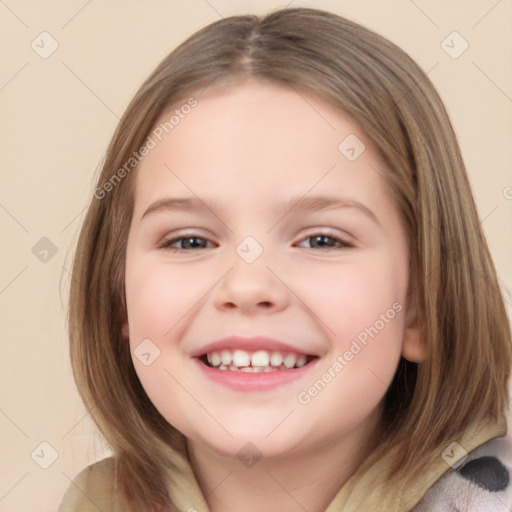 Joyful white child female with medium  brown hair and brown eyes