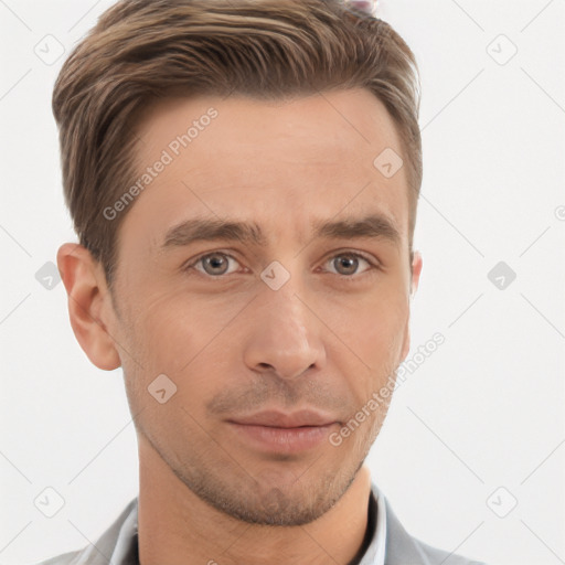 Neutral white young-adult male with short  brown hair and brown eyes