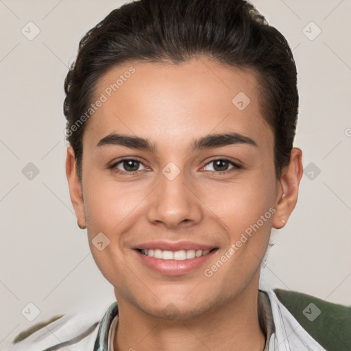 Joyful white young-adult male with short  brown hair and brown eyes