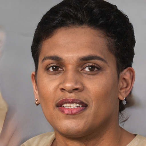 Joyful black young-adult female with short  brown hair and brown eyes