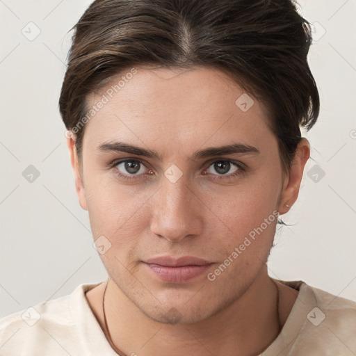 Neutral white young-adult female with short  brown hair and brown eyes