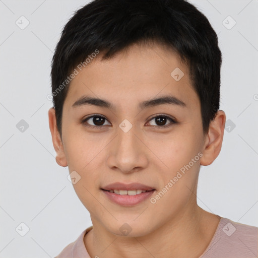 Joyful asian young-adult female with short  brown hair and brown eyes