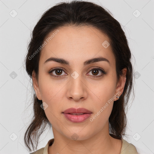 Neutral white young-adult female with medium  brown hair and brown eyes