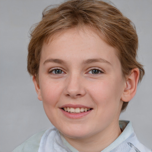 Joyful white young-adult female with short  brown hair and blue eyes