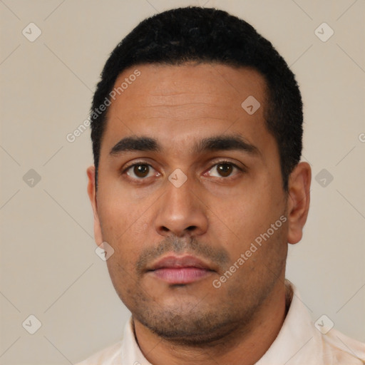 Neutral latino young-adult male with short  black hair and brown eyes