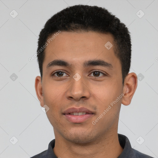 Neutral latino young-adult male with short  black hair and brown eyes