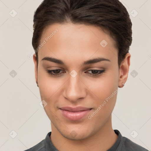 Joyful white young-adult female with short  brown hair and brown eyes