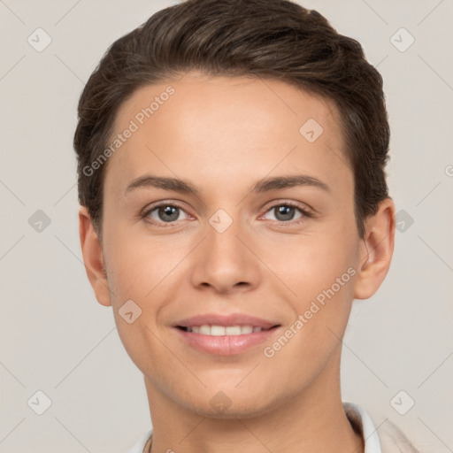 Joyful white young-adult female with short  brown hair and brown eyes