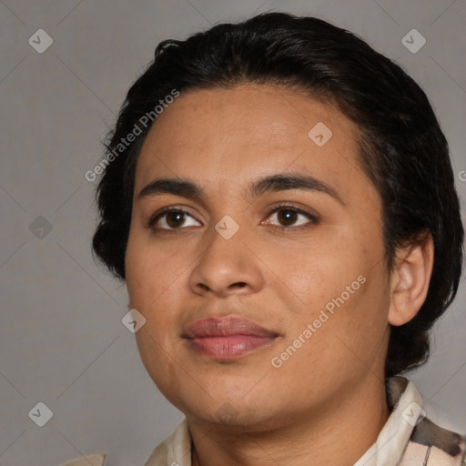 Joyful latino young-adult female with medium  black hair and brown eyes