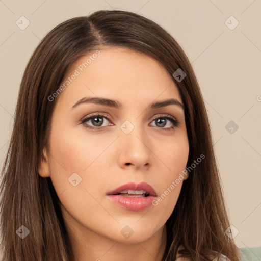 Neutral white young-adult female with long  brown hair and brown eyes