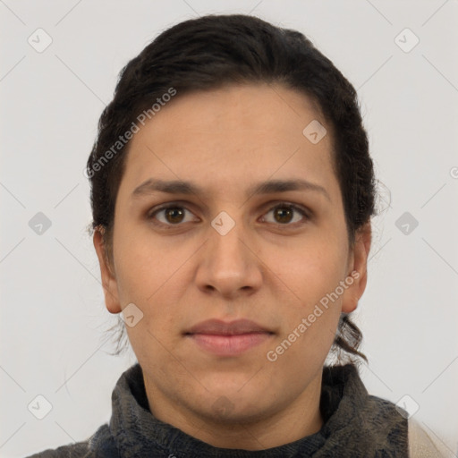 Neutral white young-adult female with short  brown hair and brown eyes