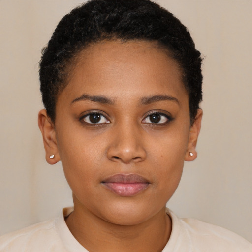 Neutral black young-adult female with short  black hair and brown eyes