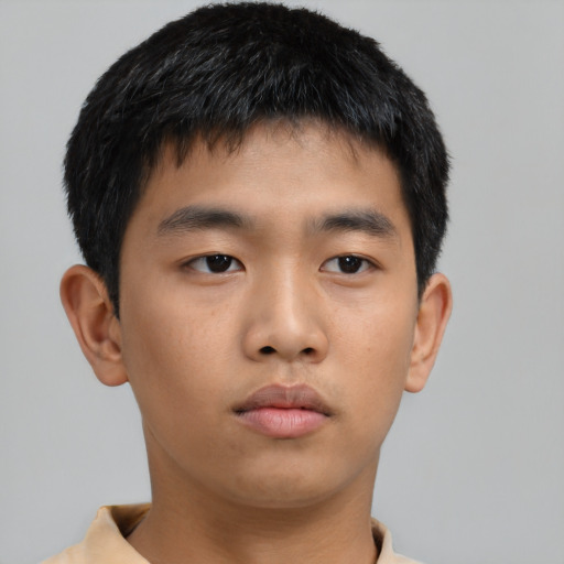 Neutral asian young-adult male with short  brown hair and brown eyes