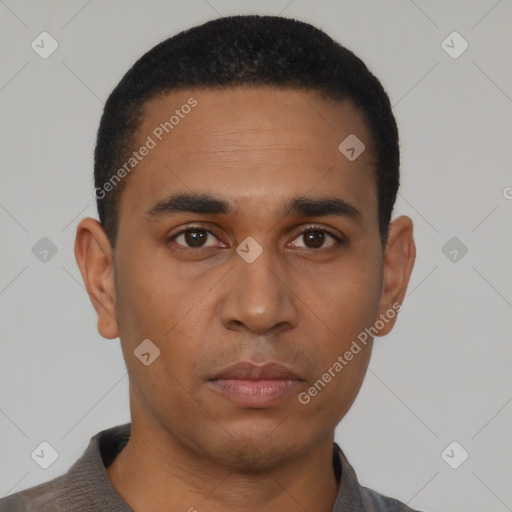 Neutral black young-adult male with short  black hair and brown eyes
