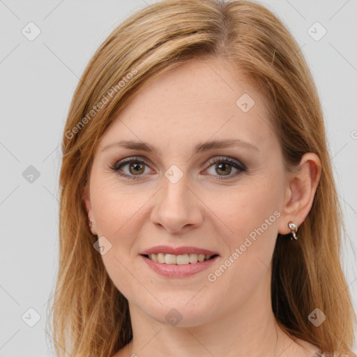 Joyful white young-adult female with long  brown hair and grey eyes