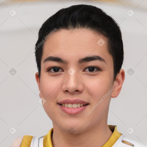 Joyful asian young-adult female with short  brown hair and brown eyes